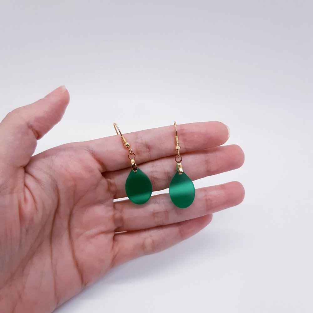 Green | Jade Green | Frosted | Sea Glass-Inspired | Teardrop | Dangle | Earrings - Picture 3 of 4
